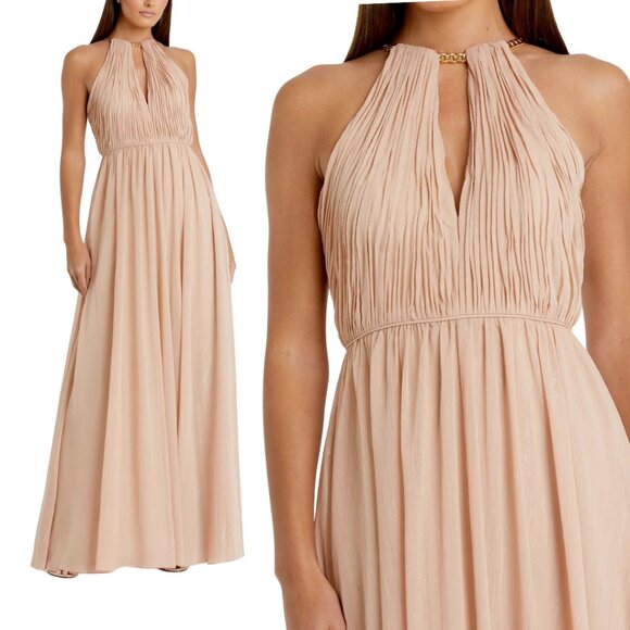 Mac Duggal 55822 Size‎ 4 Beige Chain Keyhole Halter Neck A Line Gown Maxi Dress